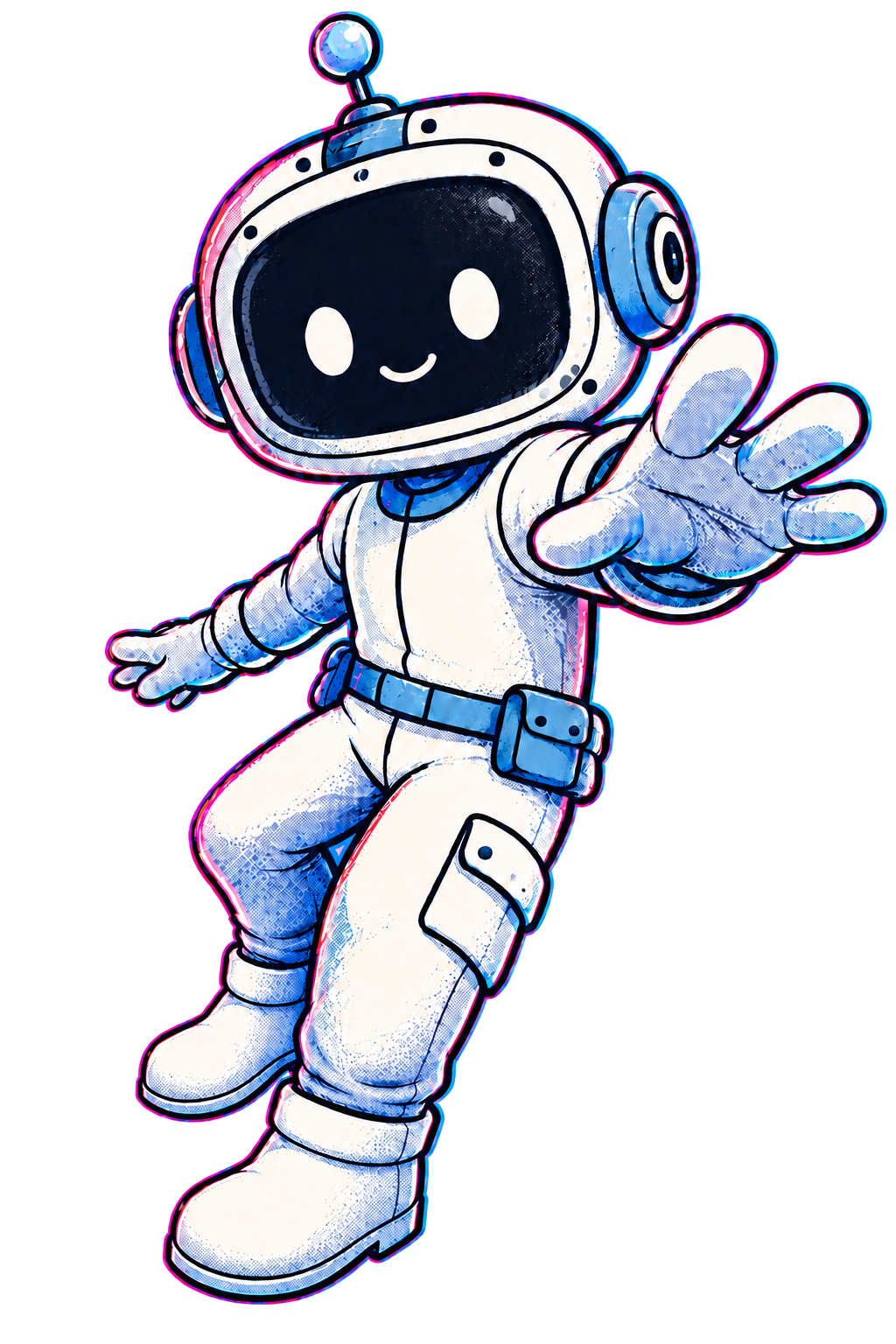Illustration of the Little Builder, a friendly robot-headed maker in white workwear, rendered with cyan and pink offset comic contours.