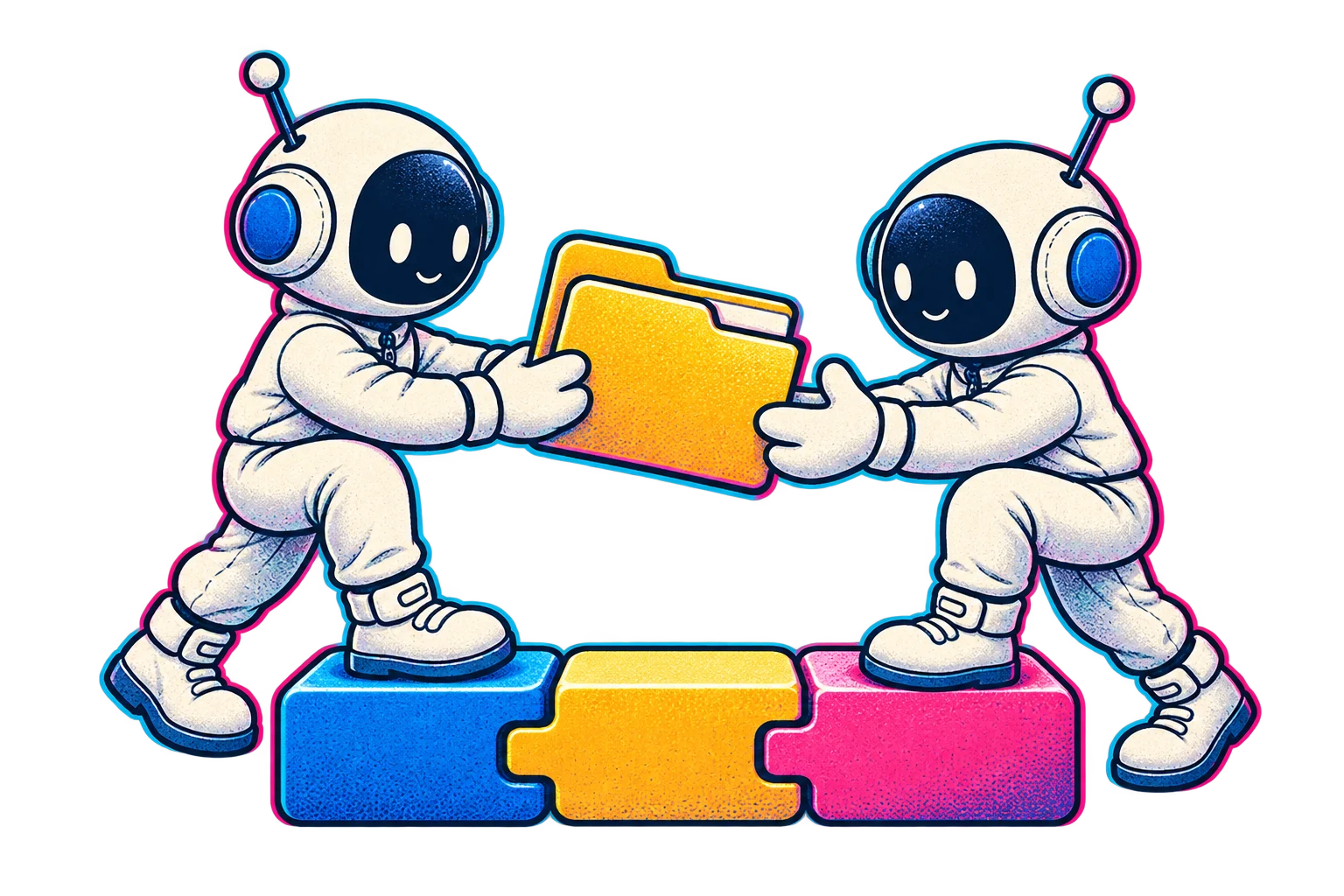 Two Little Builder mascots handing a folder across interlocking connector blocks
