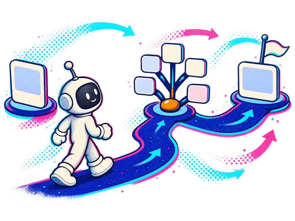 A mascot maker follows a route through three abstract product-flow stations.