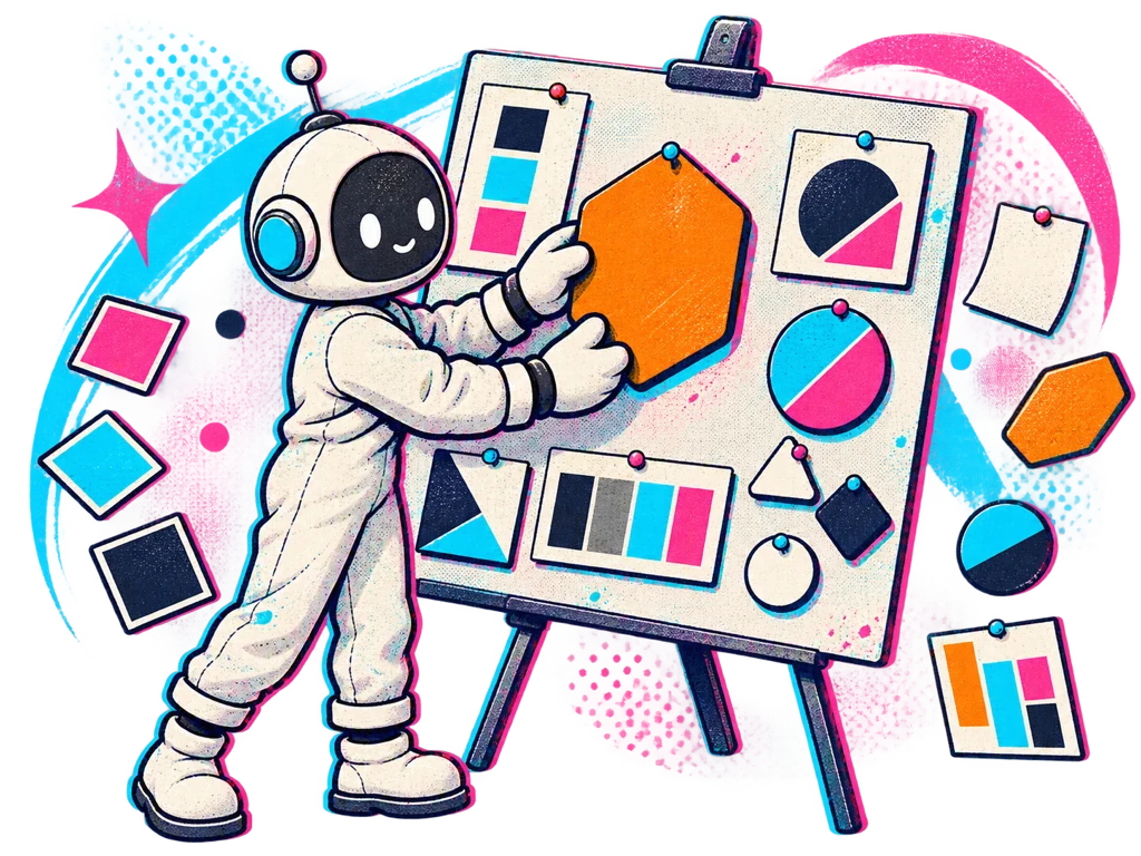 A mascot maker places abstract geometric identity tiles on a board.
