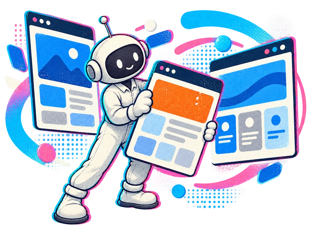 A mascot maker composes a set of unlabelled web layouts.
