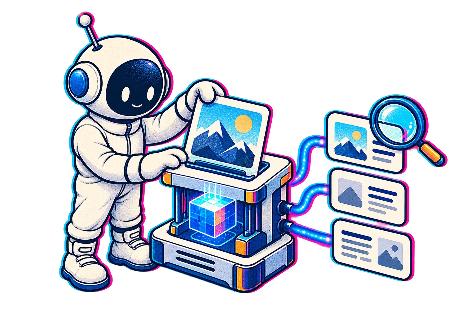 The Little Builder feeding an illustrated image card into a modular processing engine