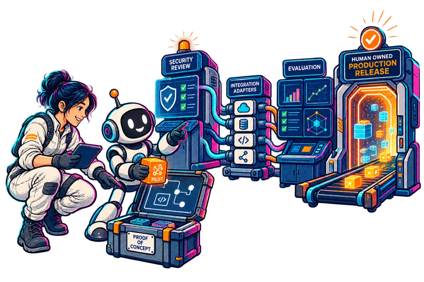 Maker connecting an AI pilot to a secure production release