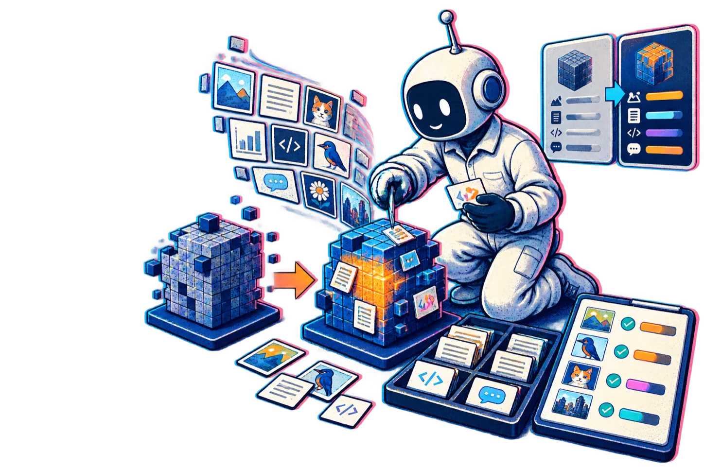 Maker adapting a model with a curated training set and evaluation tray