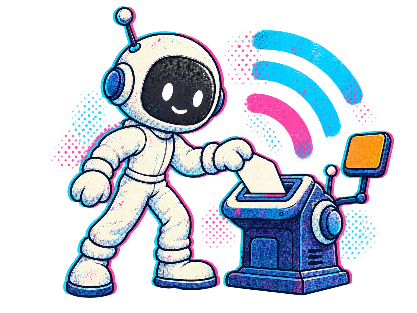 A human-bodied mascot maker places an unmarked message card into a communications console.