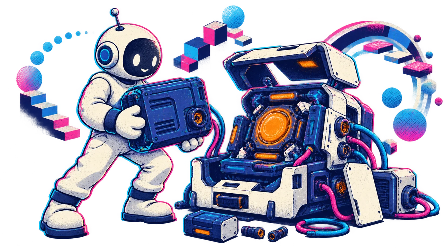 A human-bodied mascot maker assembles a bespoke modular intelligence machine around an orange core.