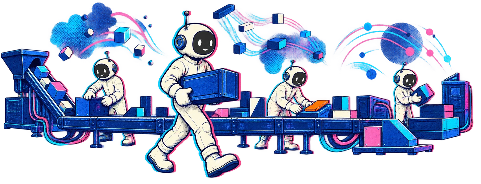 Human-bodied mascot makers route indigo modules through a layered AI workshop flow.
