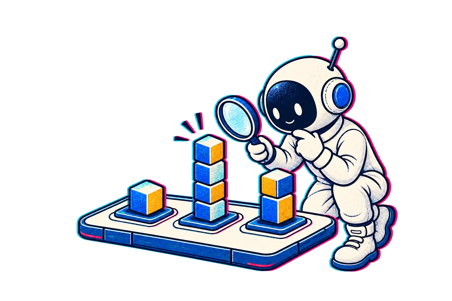The Little Builder examining three different stacks of computing blocks with a magnifying lens