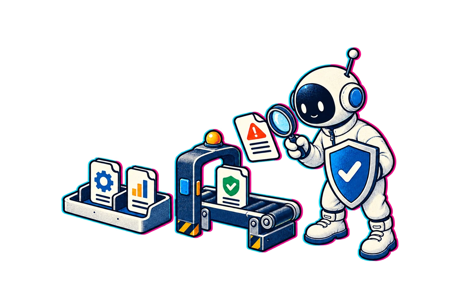 The Little Builder inspecting a document beside a shield and a mechanical document gate