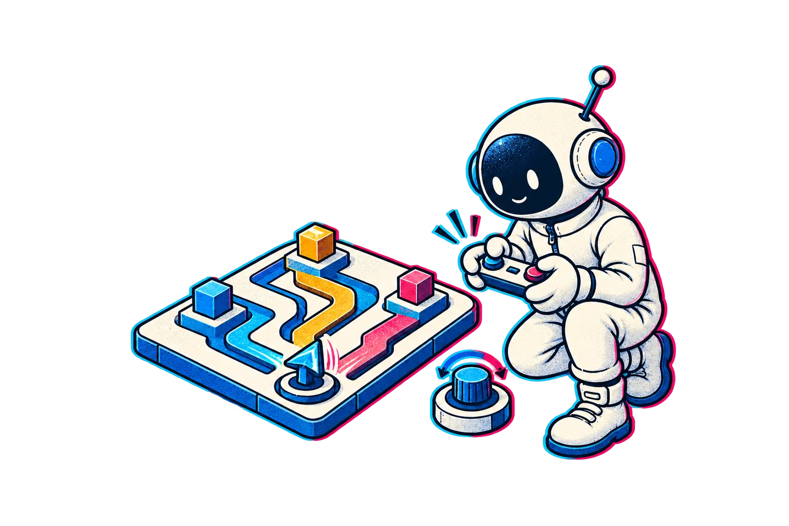 The Little Builder holding a game controller beside a maze with three paths and an arrow-shaped playing piece