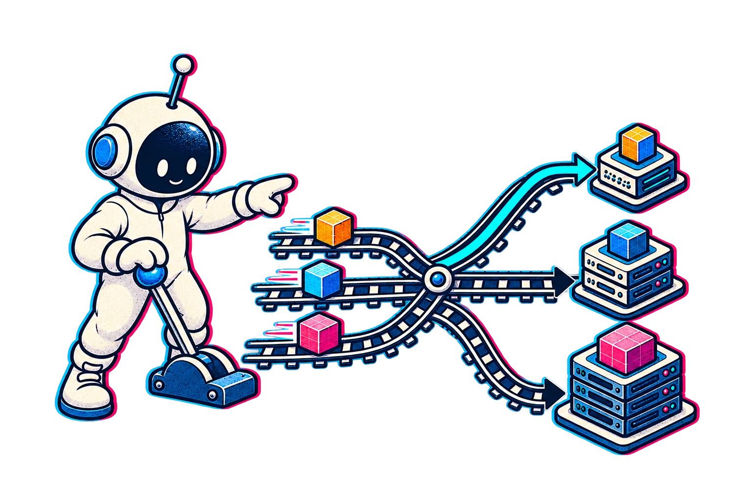 The Little Builder using a lever to direct request parcels toward three different computing modules