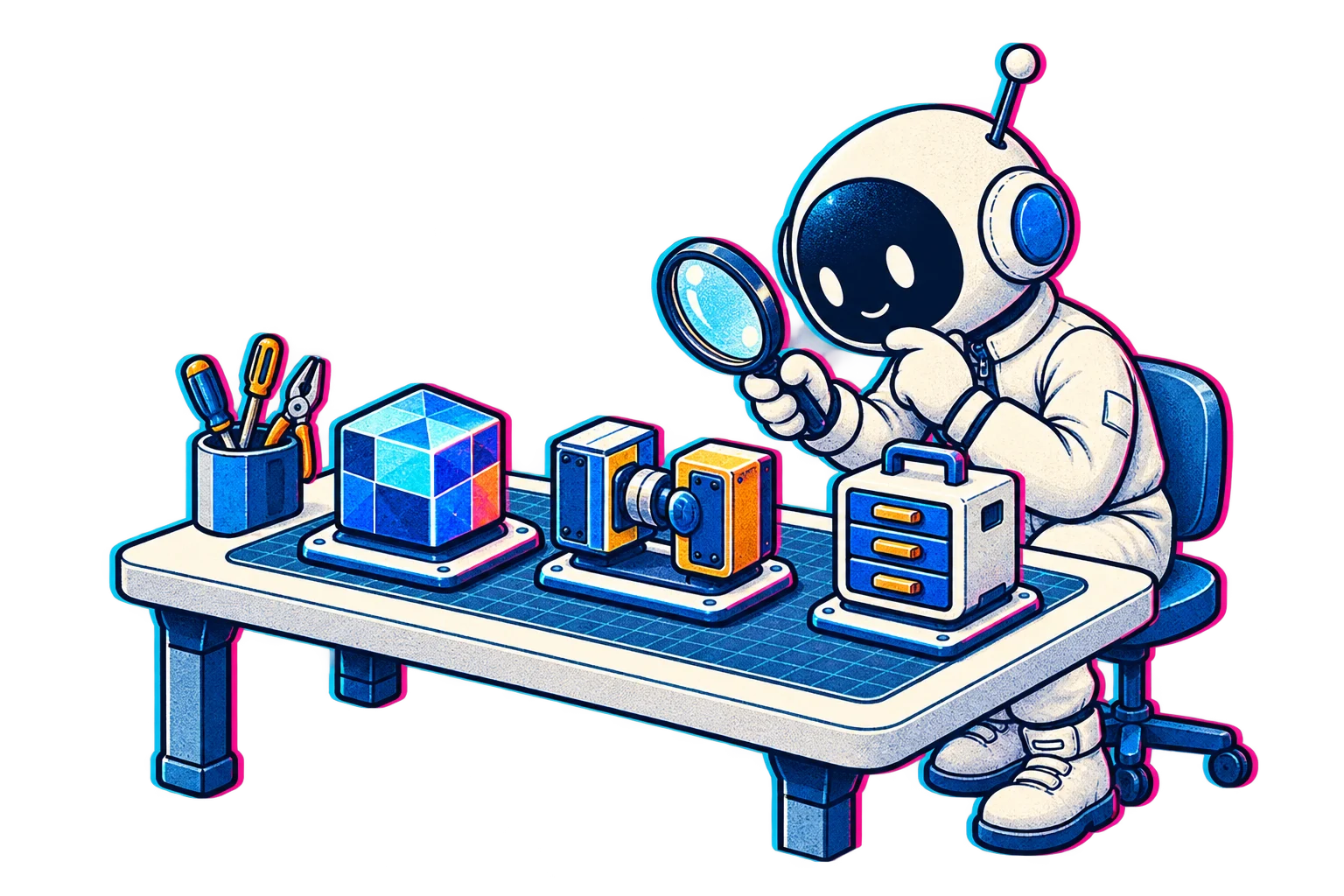 The Little Builder examining model, connector and tool modules at an engineering workbench