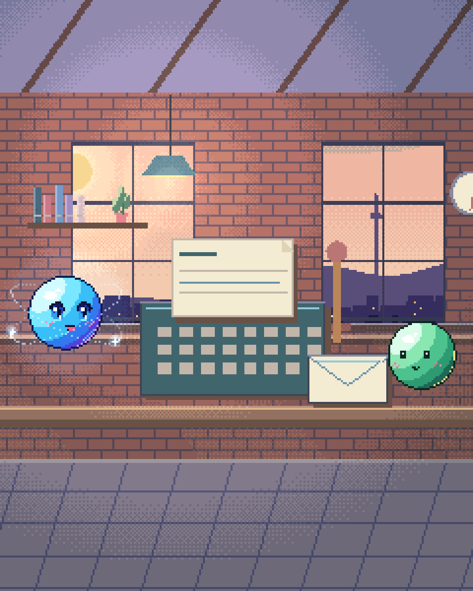 Pixel illustration for Autonomous Press Desk — AI journalist outreach: a newsroom desk with research, a typewriter and an unsent envelope.