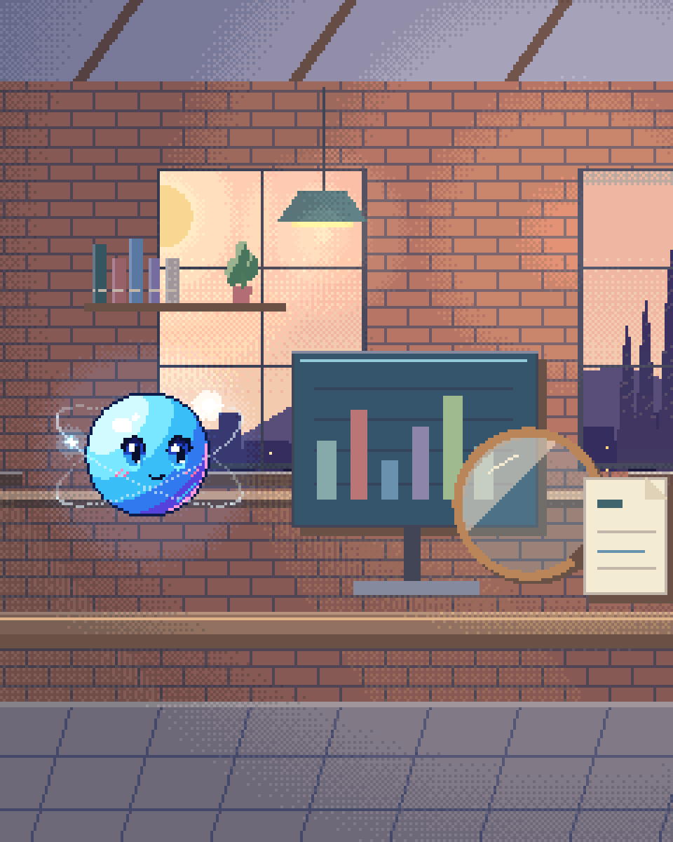 Pixel illustration for Search & AI Analytics Agent — AI crawler and visitor analytics: a desk of charts inspected with a brass lens.
