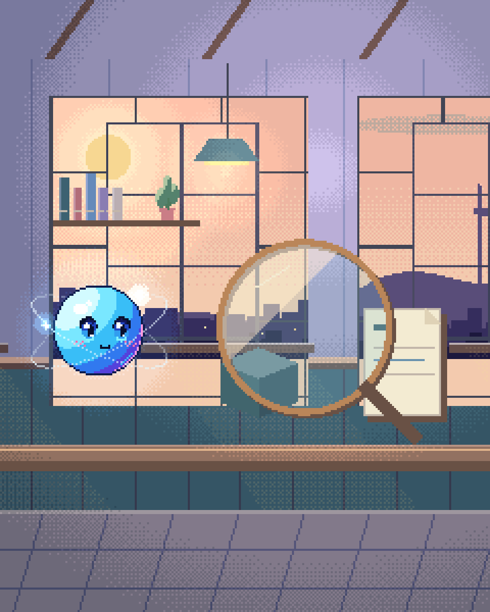 Pixel illustration for How We Use AI: a transparent inspection lens over the tools used to make an artefact.