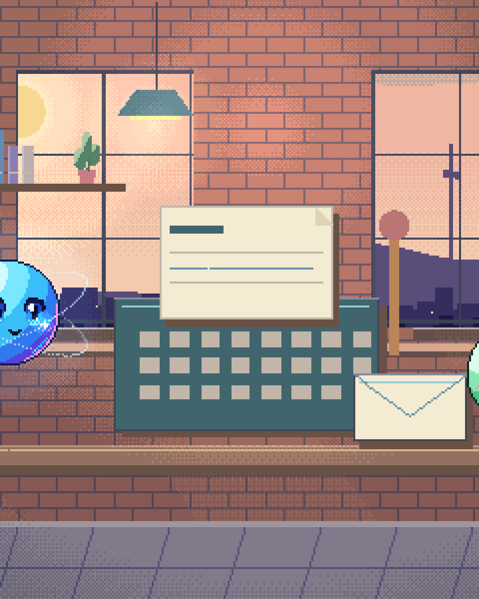 Pixel illustration for Journalist Outreach: a newsroom desk with research, a typewriter and an unsent envelope.