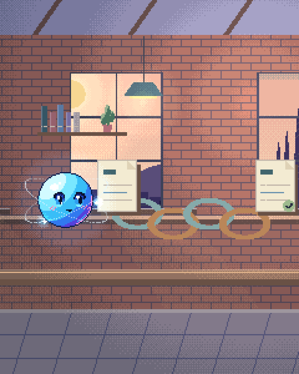 Pixel illustration for AI Link Building: interlocking brass links connecting relevant document cards.
