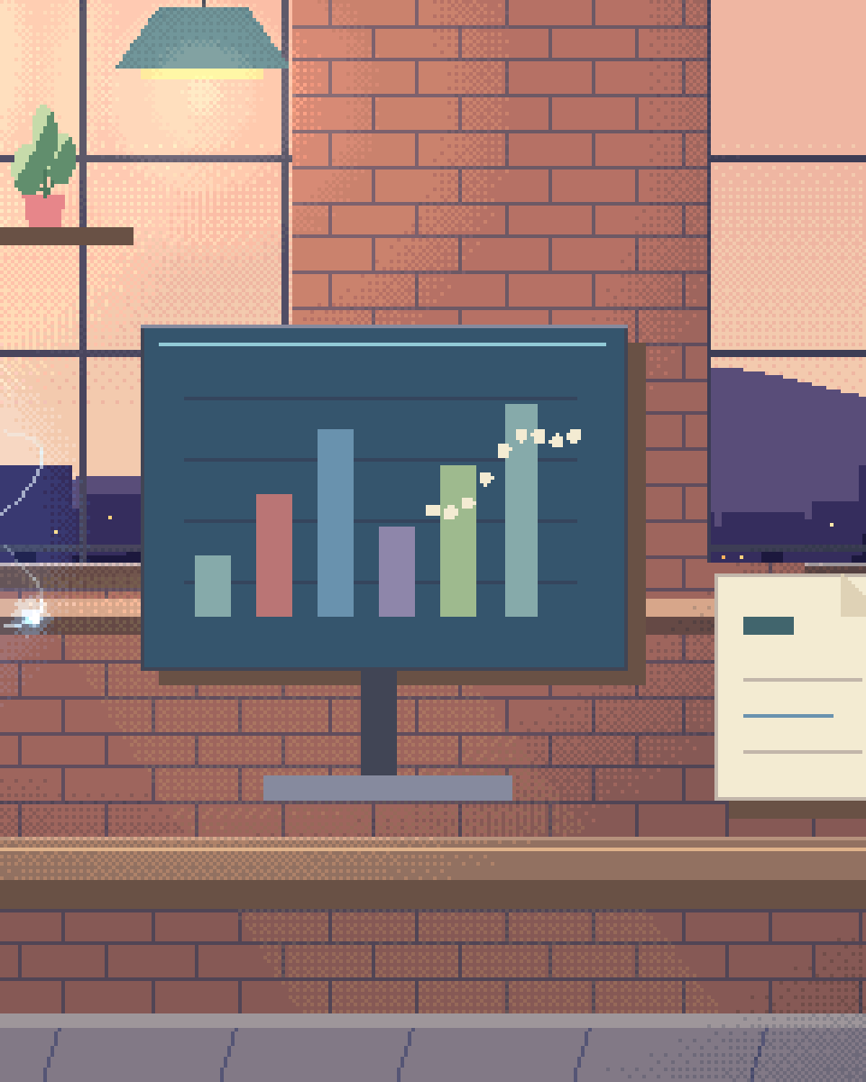 Pixel illustration for Predictive Analytics: a glass forecasting instrument with a dotted future path.