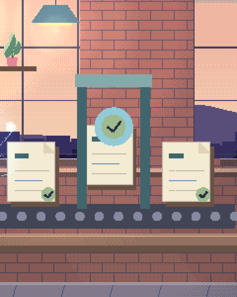 Pixel illustration for Secure Data Pipelines: source documents travelling through a guarded, checked pipeline.
