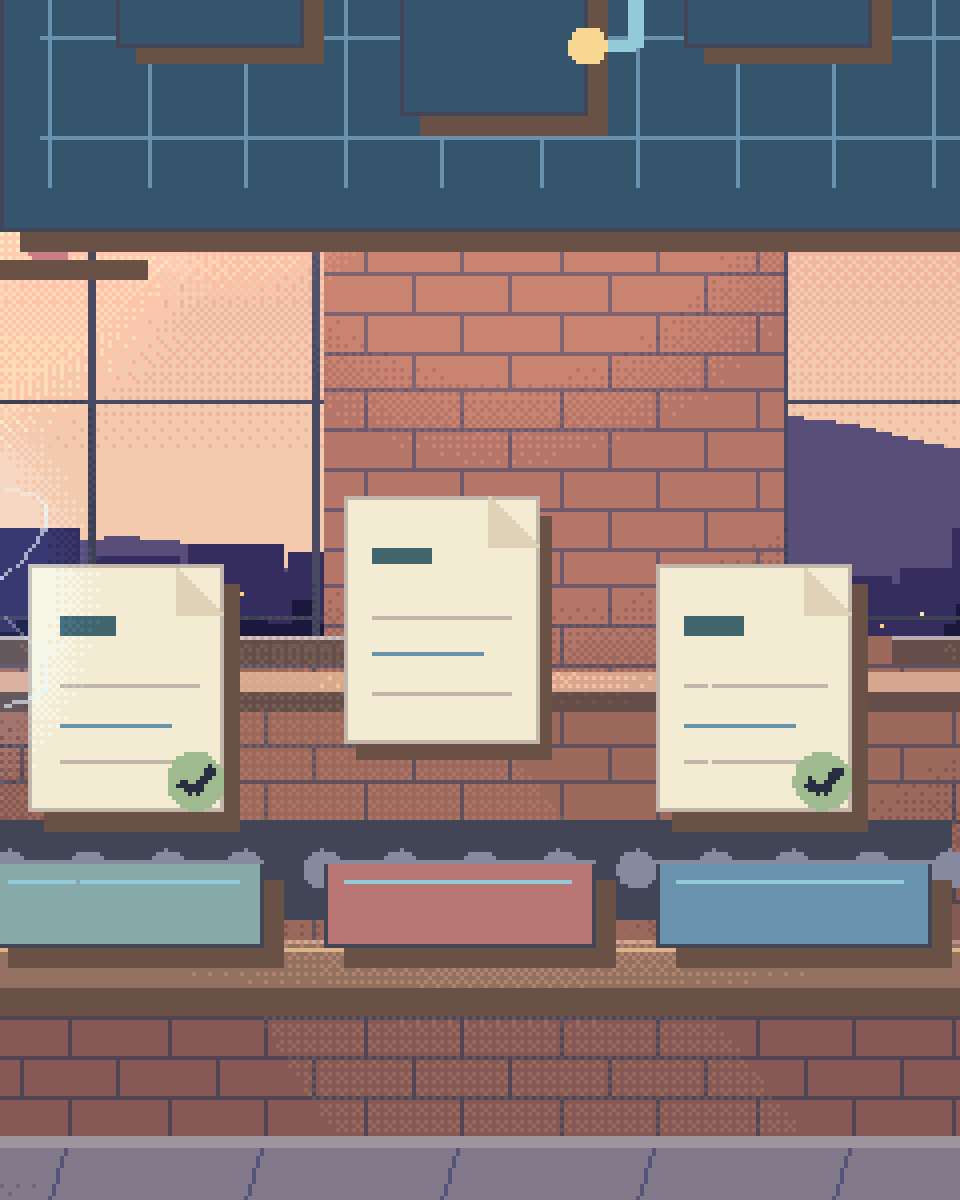 Pixel illustration for AI Internal Operations: request cards organised into distinct handling trays.