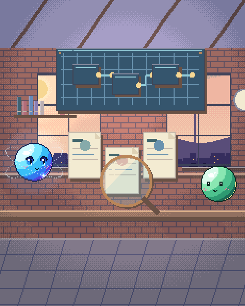 Pixel illustration for AI Sales Agents: an account book, a research lens and an envelope held for review.