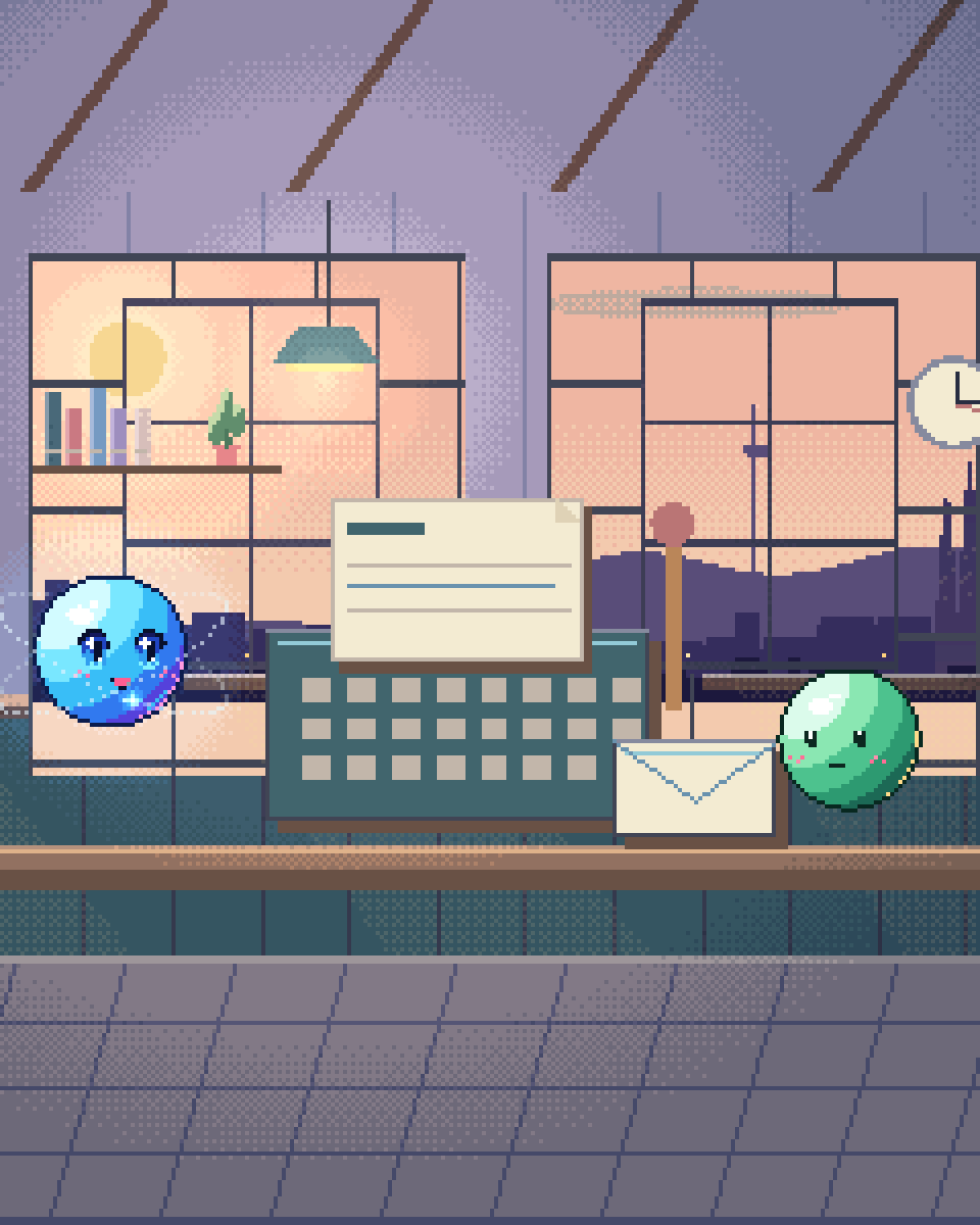 Pixel illustration for Blog: a newsroom desk with research, a typewriter and an unsent envelope.