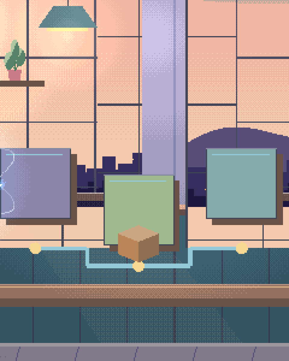Pixel illustration for Careers: several connected work stations with different tools.