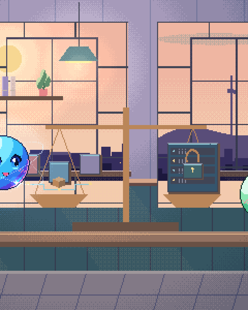 Pixel illustration for AI Agency vs In-House Team: a balanced comparison of several connected work stations with different tools and a local server cabinet with an ownership key.