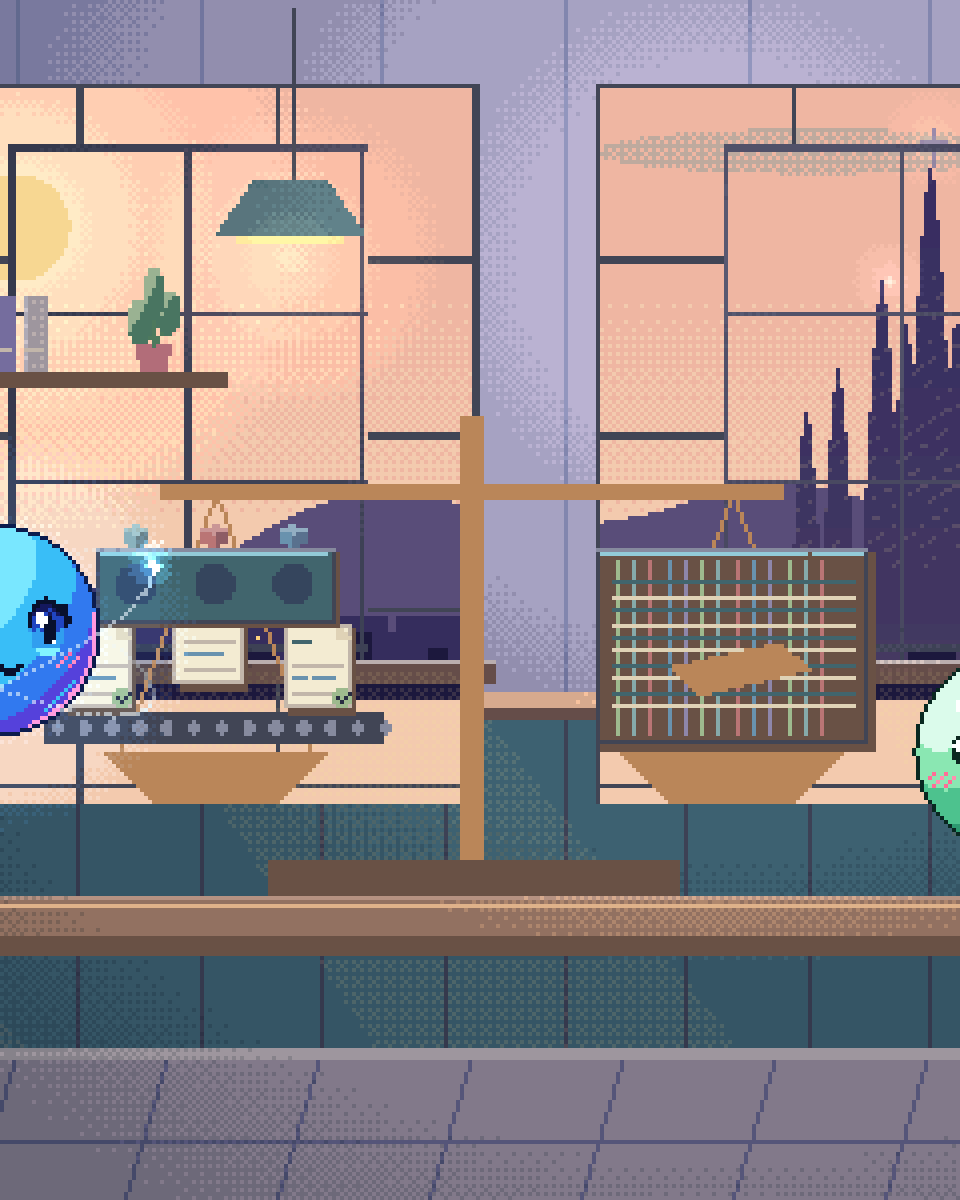 Pixel illustration for No-Code Automation vs Custom AI: a balanced comparison of irregular shapes fitting a checked output template and a loom weaving coloured threads between connected systems.
