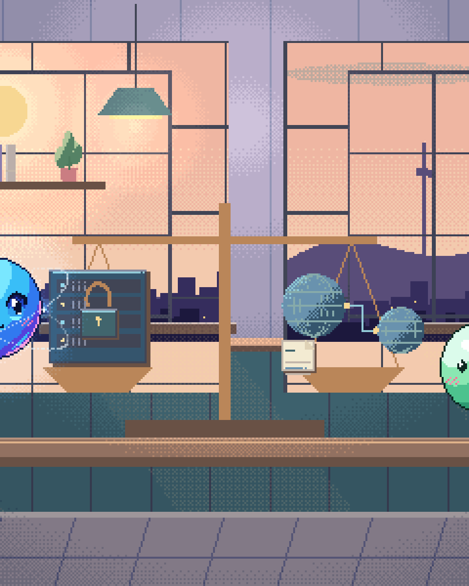 Pixel illustration for On-Premise vs Cloud AI: a balanced comparison of a local server cabinet with an ownership key and linked globes and differently shaped document cards.