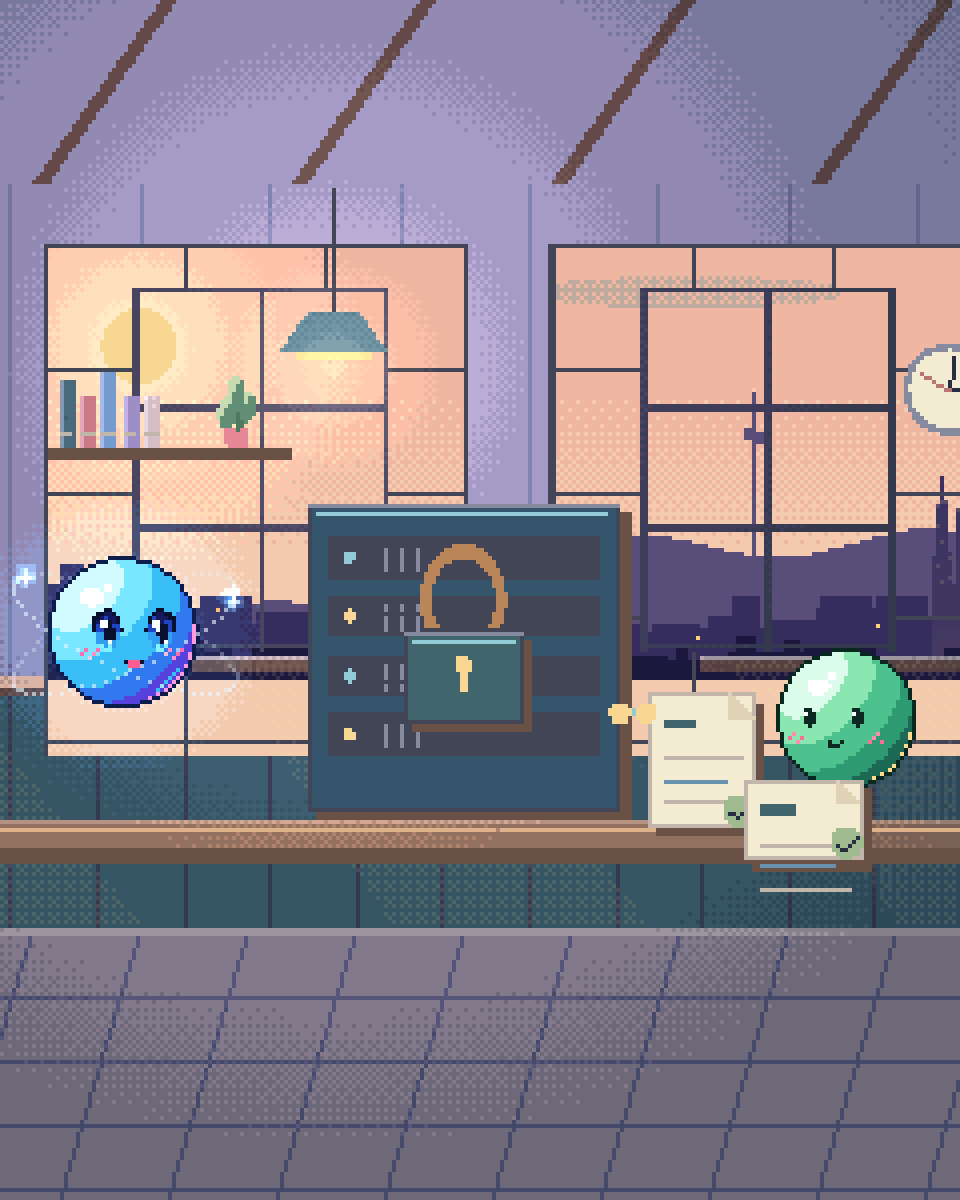 Pixel illustration for Enterprise AI Governance: an evidence cabinet beside a human review station.