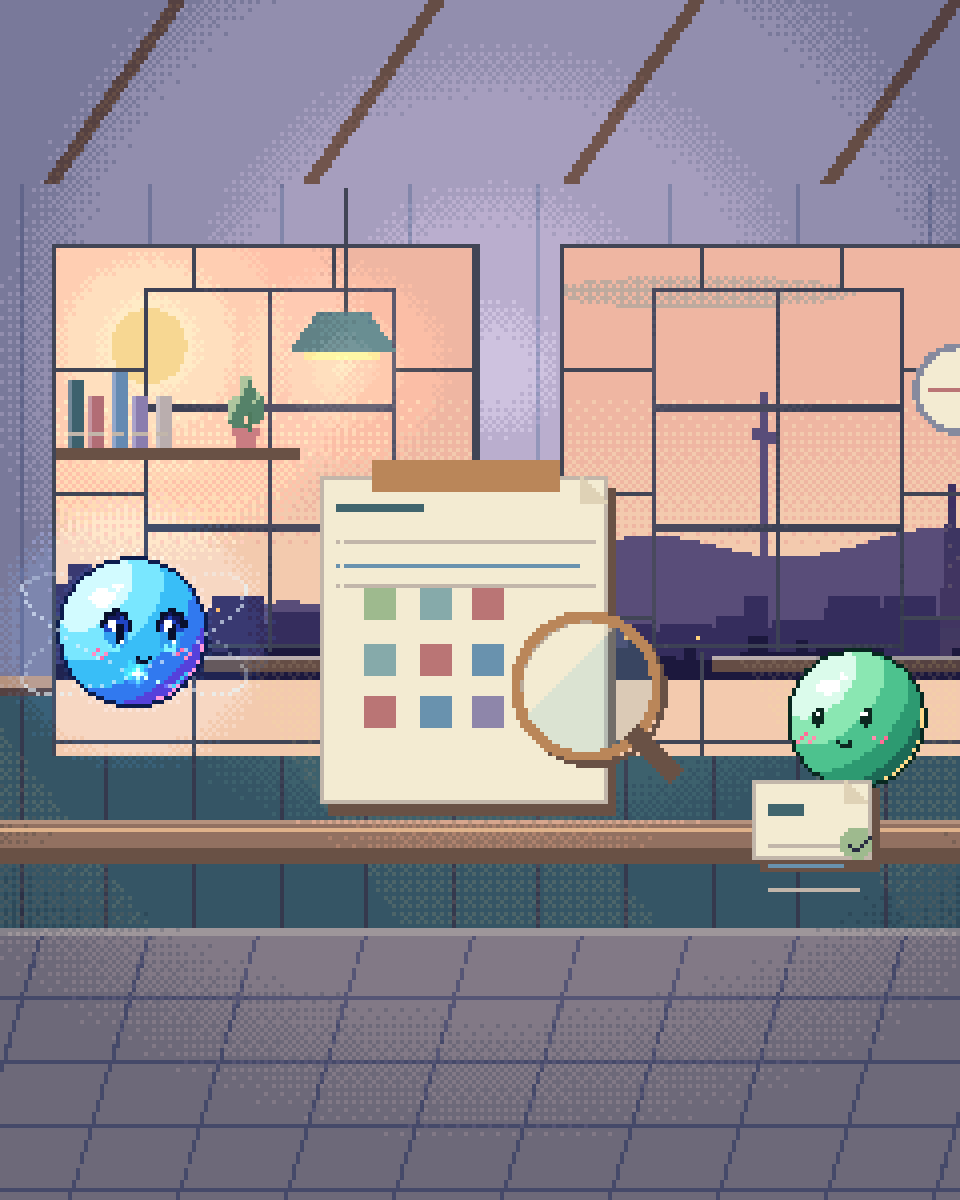 Pixel illustration for AI Readiness Assessment: an assessment clipboard with a lens and sample materials.