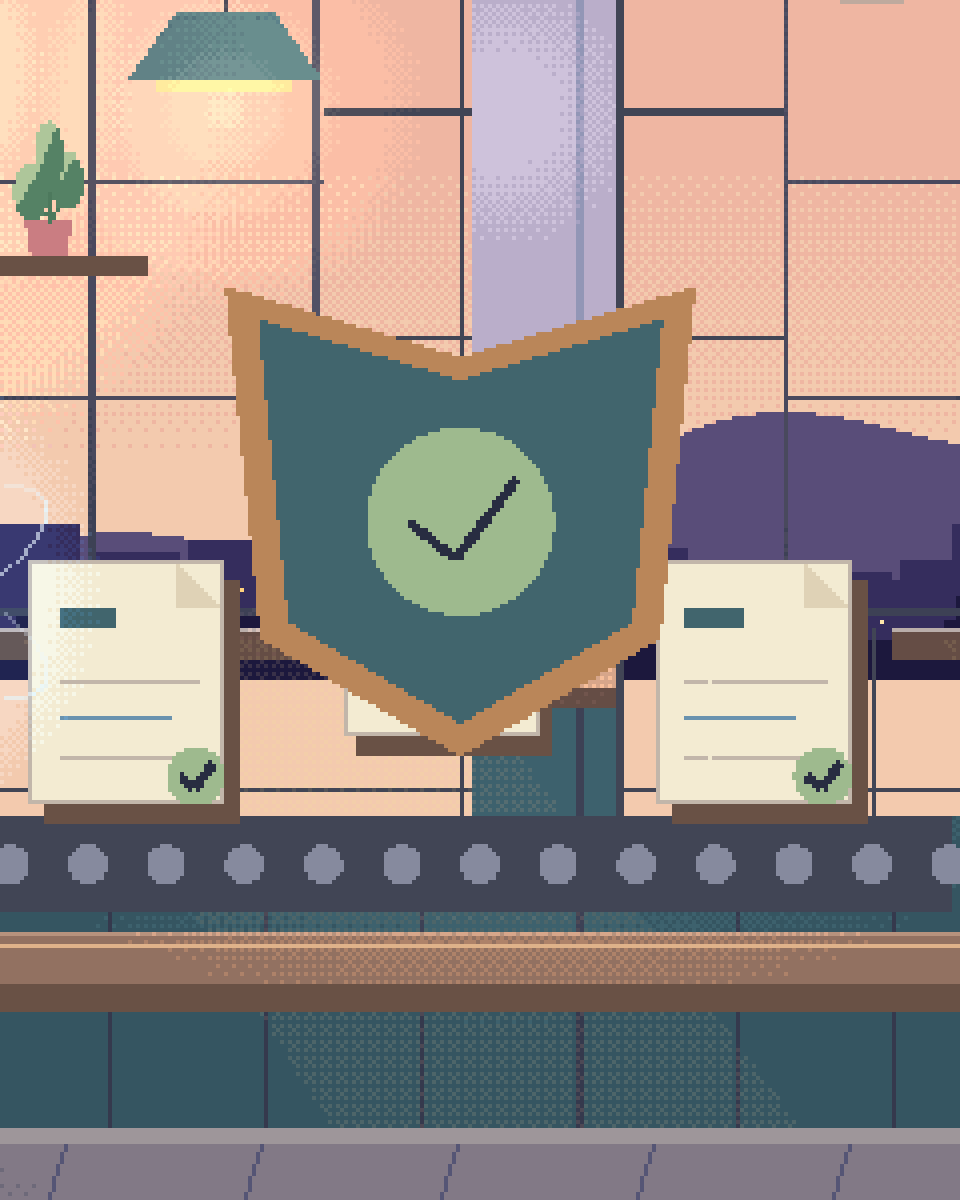 Pixel illustration for Procurement & Security Review: a shield guarding a source-linked evidence folder.