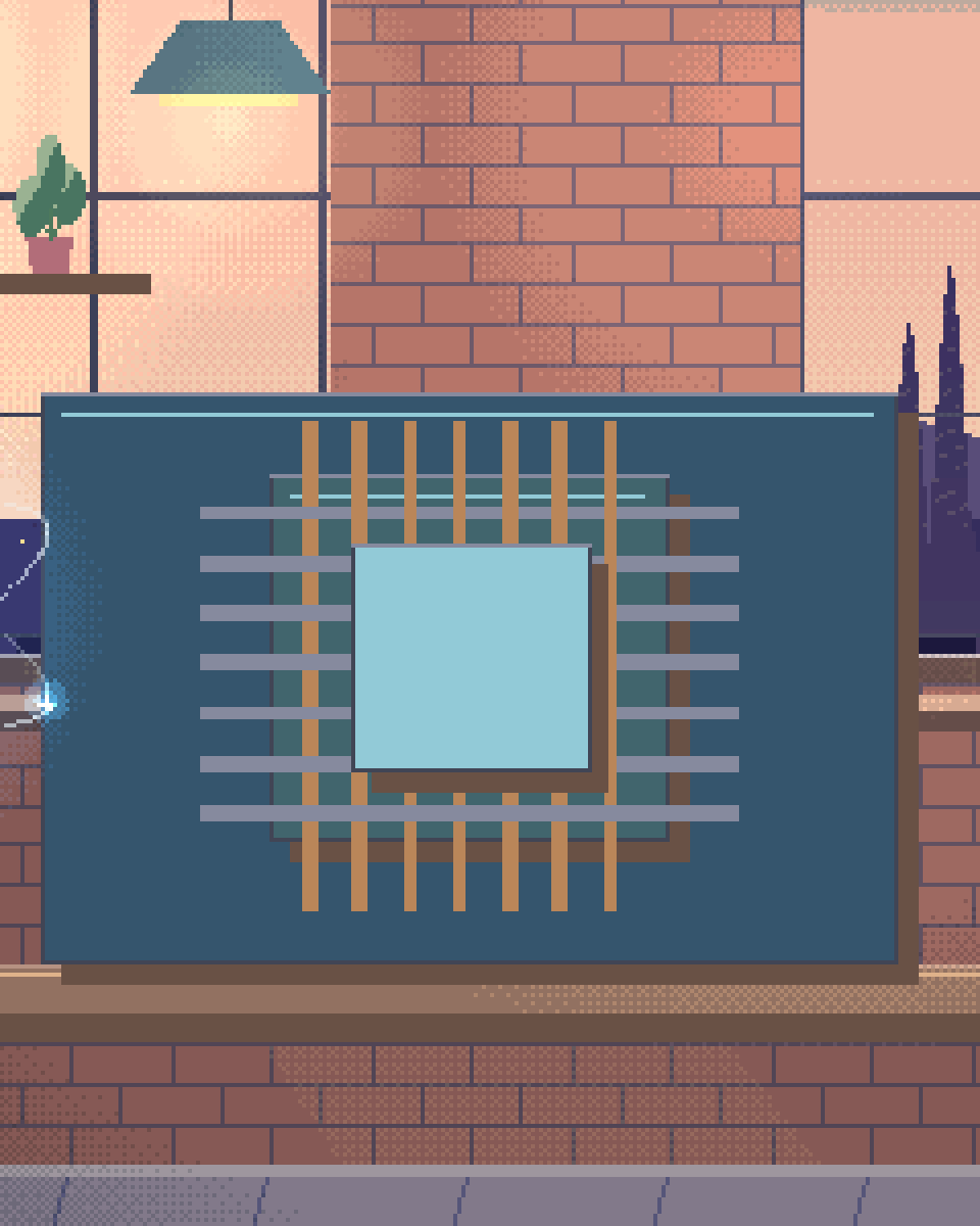 Pixel illustration for GPU Sizing & Cost: a processing chip with cooling fins and modular memory blocks.