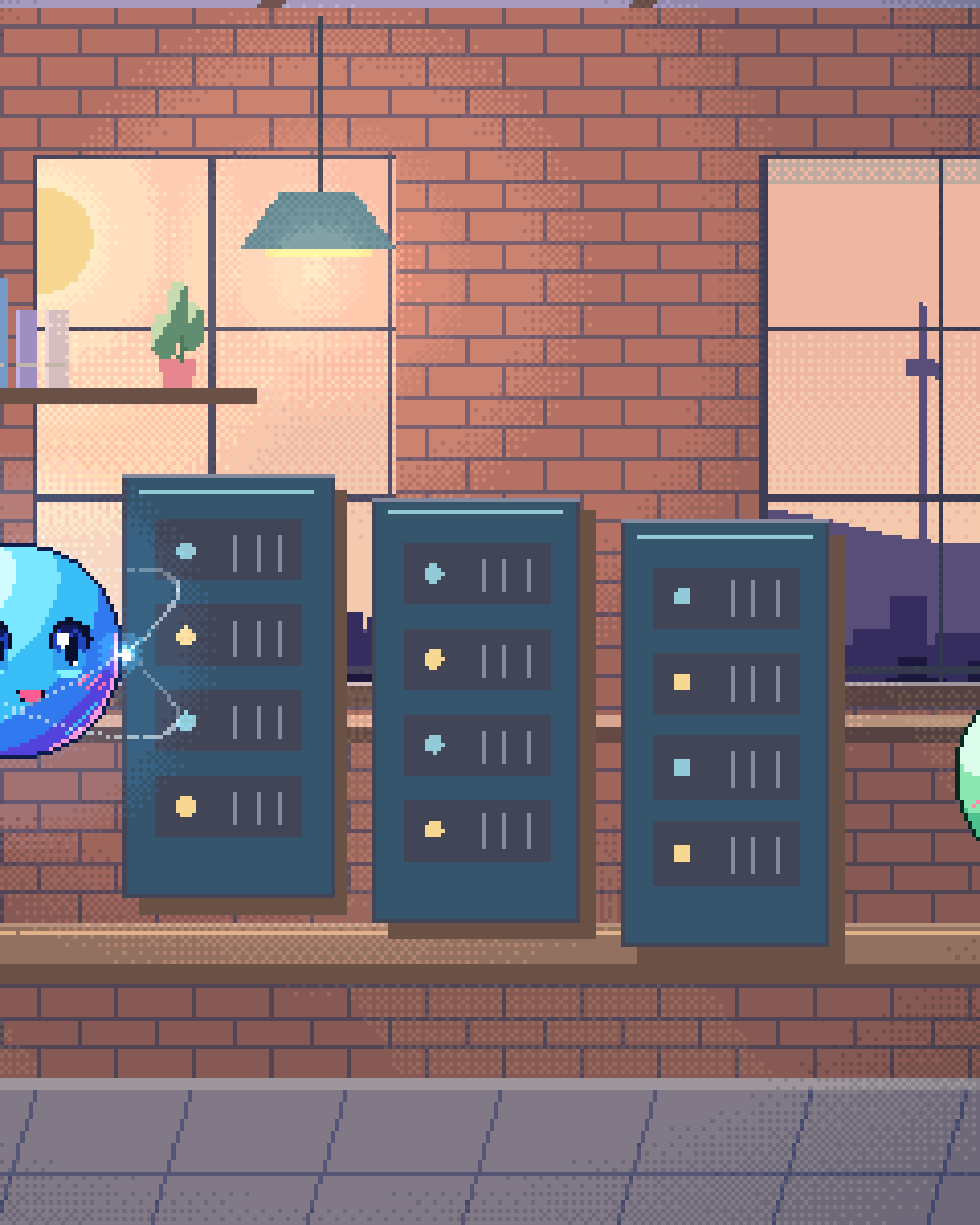 Pixel illustration for Private Data Centre Hosting: a row of server cabinets under cool status lights.