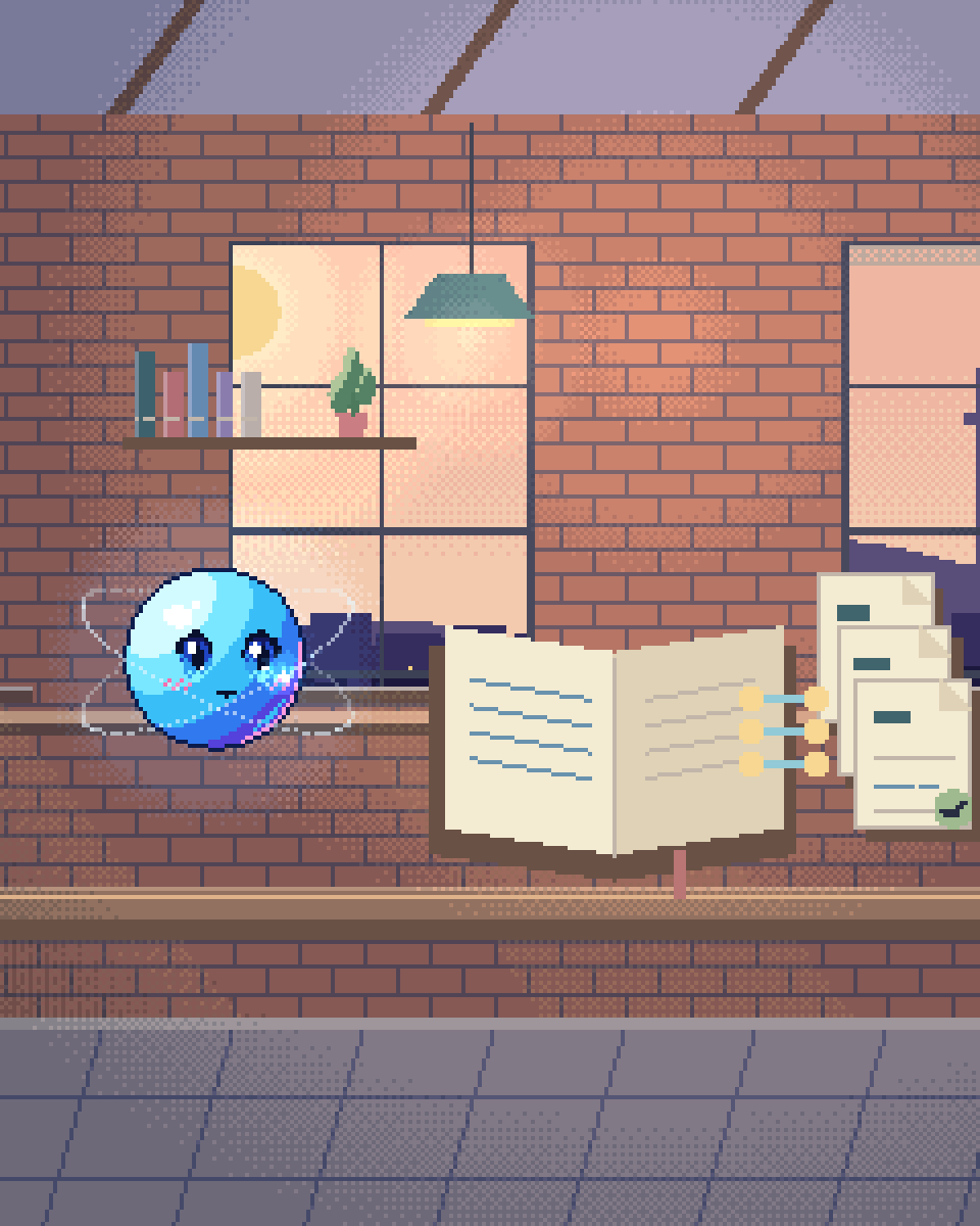 Pixel illustration for Financial Automation: a ledger linked to source slips and checked records.