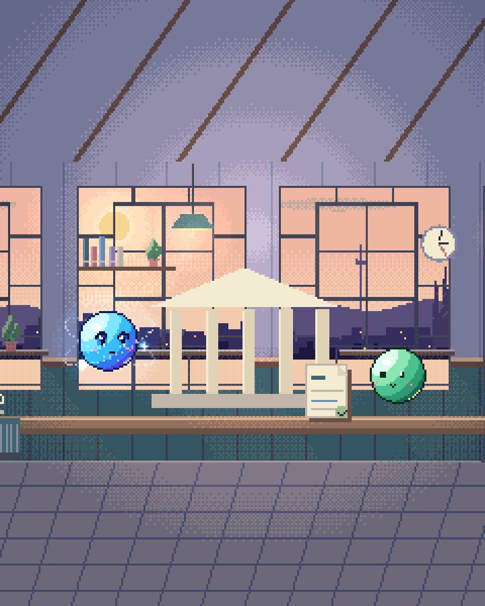 Pixel illustration for Legal Notice: a civic building beside an accessible document desk.