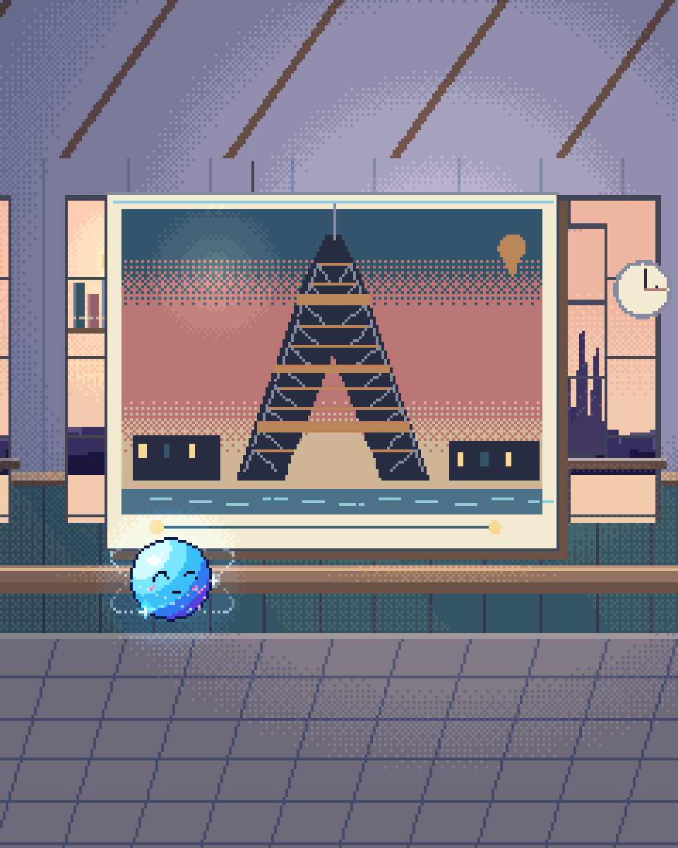 Pixel illustration for Paris AI Studio: a destination postcard for Paris, with an illustrative city silhouette and a travel route.