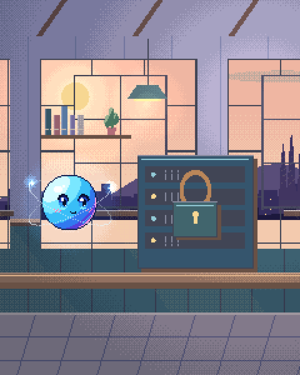 Pixel illustration for Privacy Policy: a closed lock protecting a document vault.
