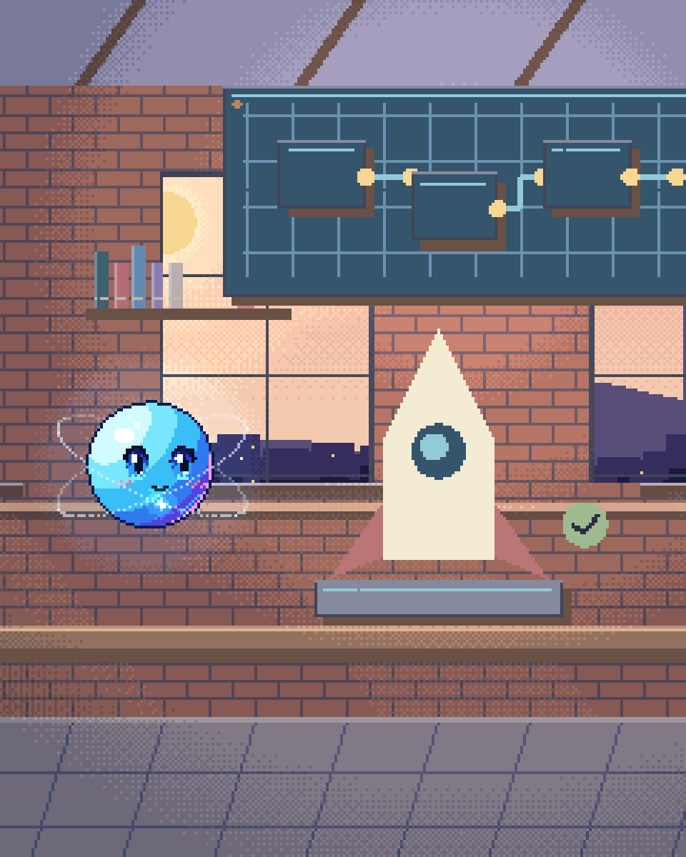 Pixel illustration for Investor Proof-of-Concepts: a small prototype rocket on a checked launch cradle.
