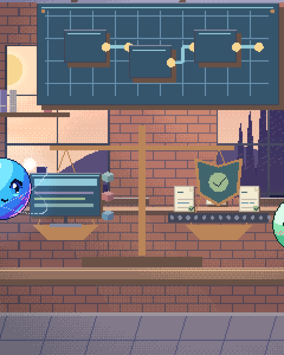 Pixel illustration for Vibe Coding Services: a balanced comparison of a product interface assembled from physical glass components and a shield guarding a source-linked evidence folder.