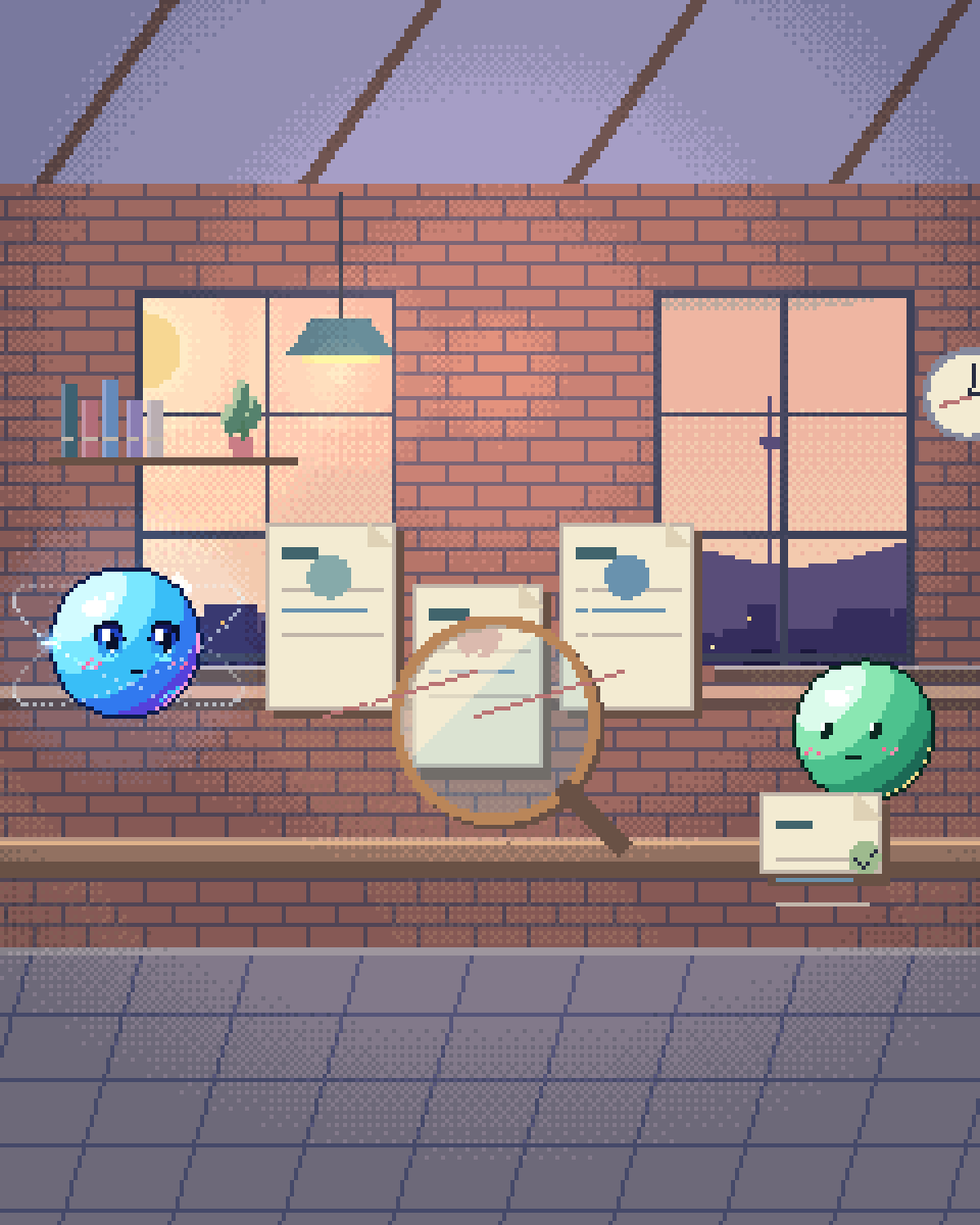 Pixel illustration for Risk & Compliance Agent Architecture: a magnifying lens over linked evidence cards with one item held for review.