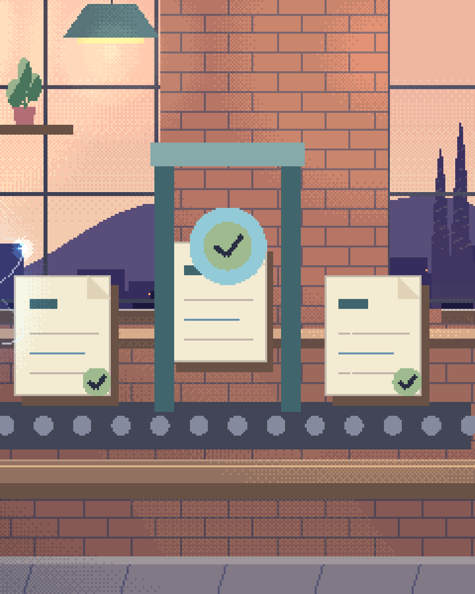 Pixel illustration for High-Throughput Document Pipeline: source documents travelling through a guarded, checked pipeline.