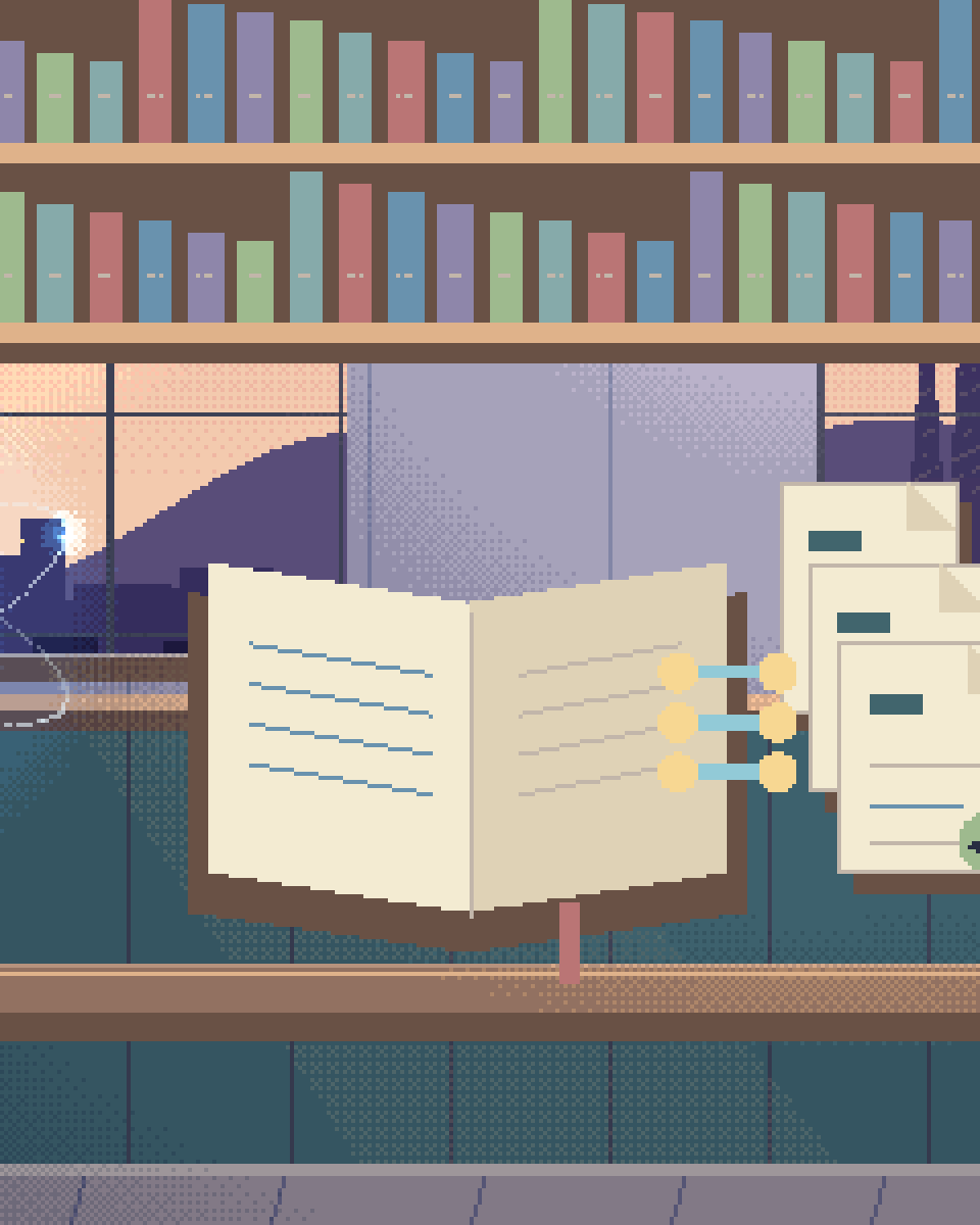 Pixel illustration for Modelling the Cost of an AI System: a ledger linked to source slips and checked records.