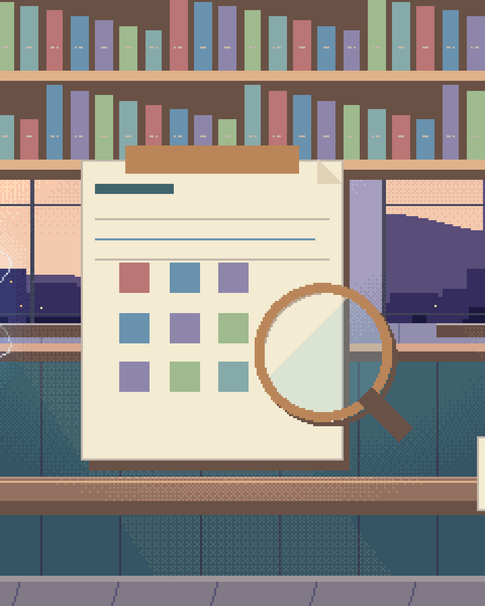 Pixel illustration for How to Write an AI RFP: an assessment clipboard with a lens and sample materials.