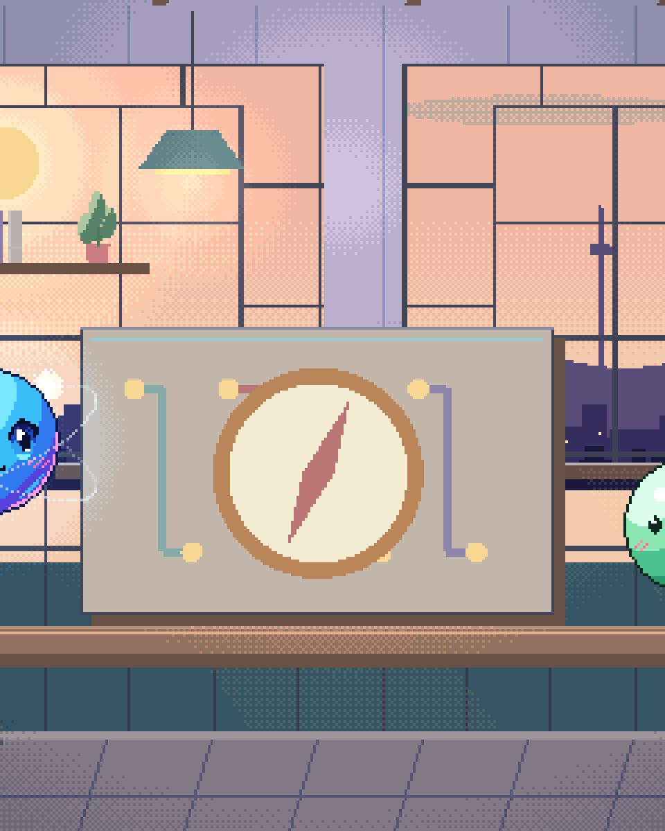 Pixel illustration for Sitemap: a route map with several destinations and a hand-held compass.