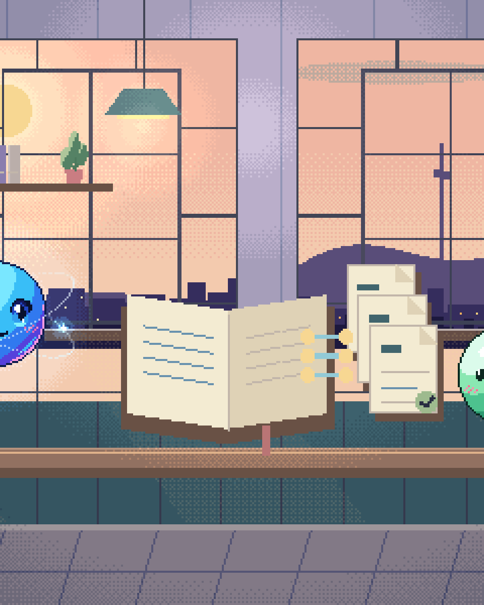 Pixel illustration for Accounting & Tax Firms: a ledger linked to source slips and checked records.