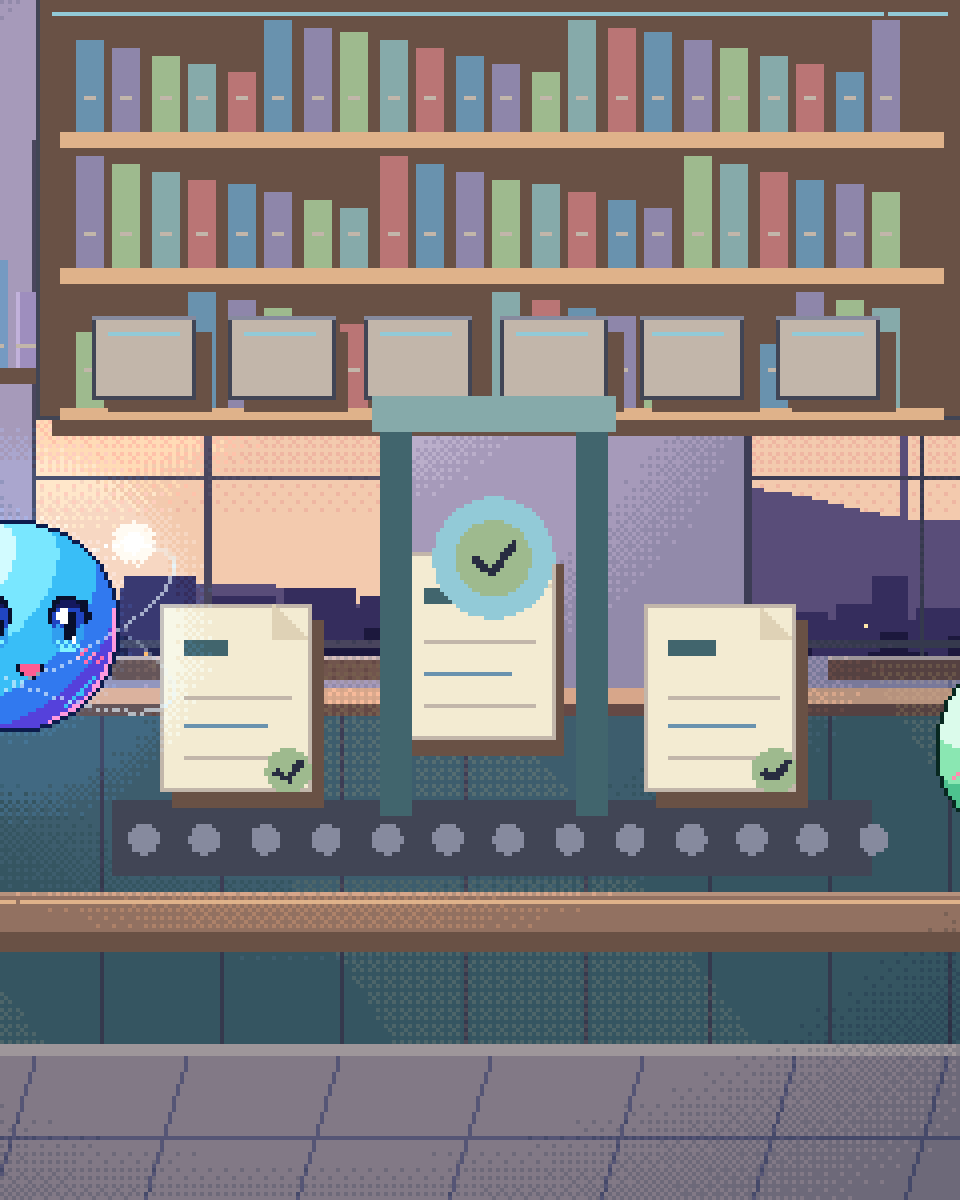 Pixel illustration for E-Invoicing & Verifactu: source documents travelling through a guarded, checked pipeline.