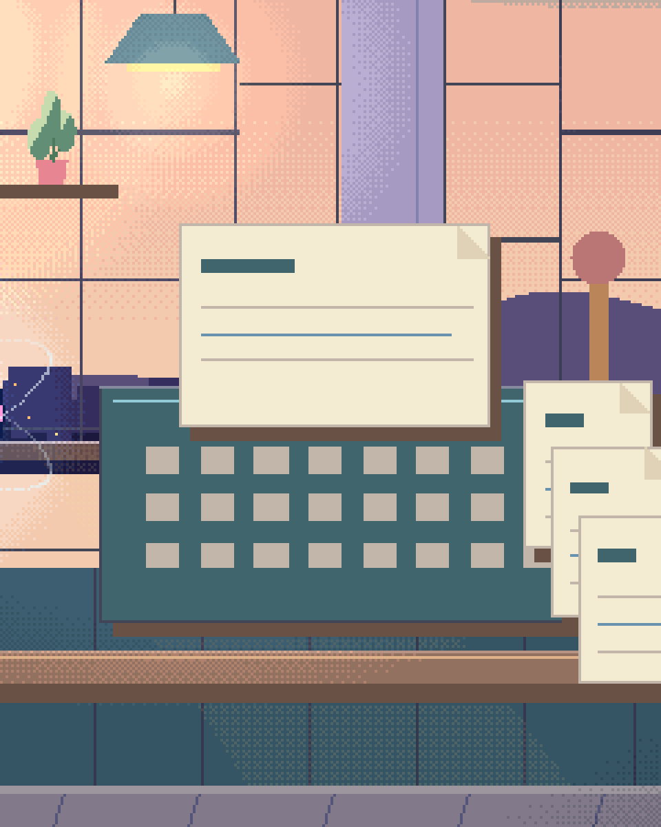 Pixel illustration for Marketing & Creative Agencies: a small printing press producing a family of different page layouts.