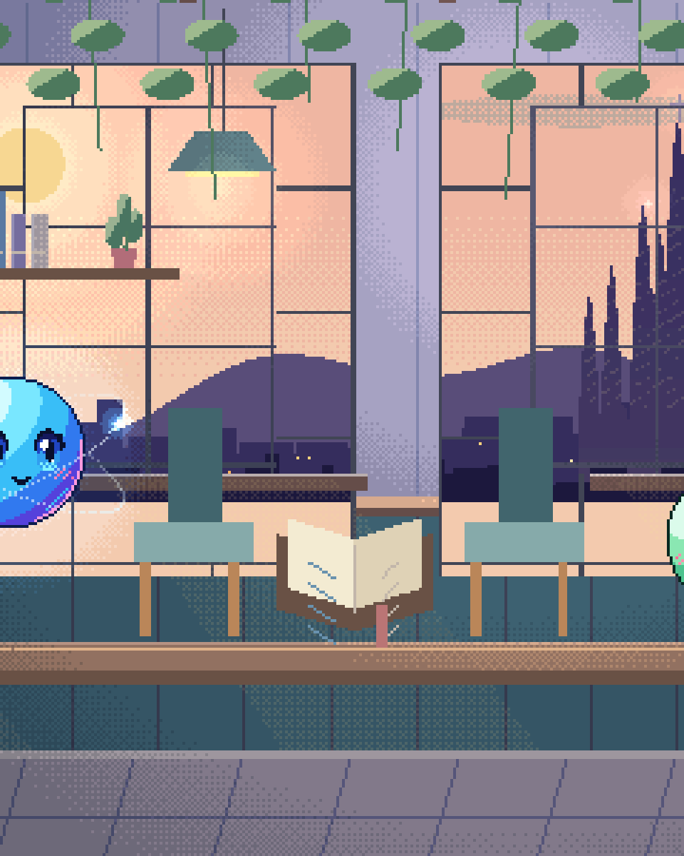 Pixel illustration for Agronomy Advisory Agents: two conversation chairs beside an open notebook and a telephone.